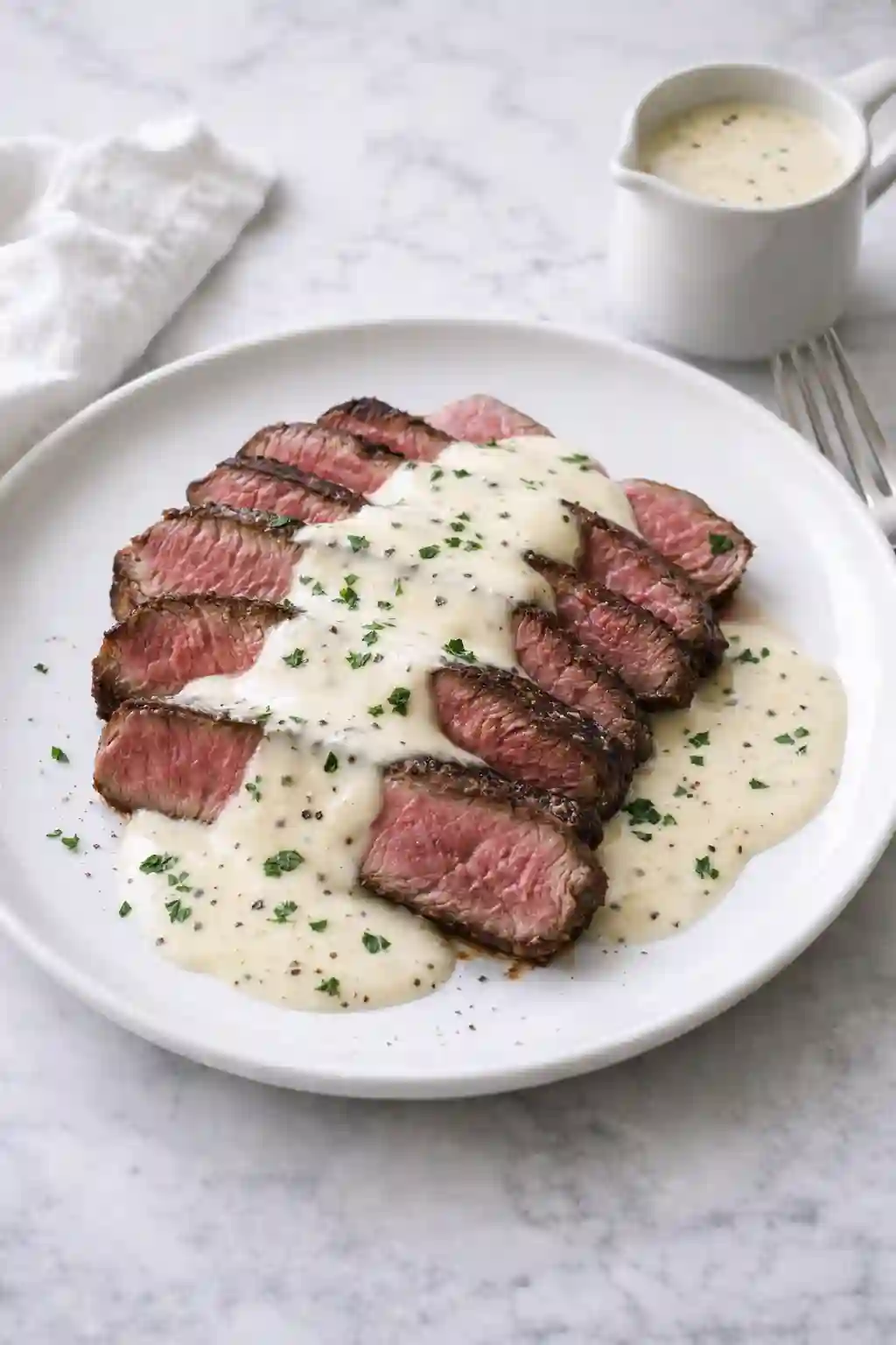 Silky garlic cream sauce served with steak