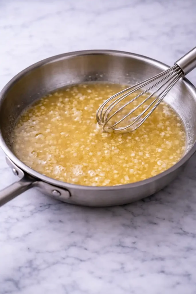 garlic cream sauce step 3 chicken broth whisked into garlic butter and simmering lightly