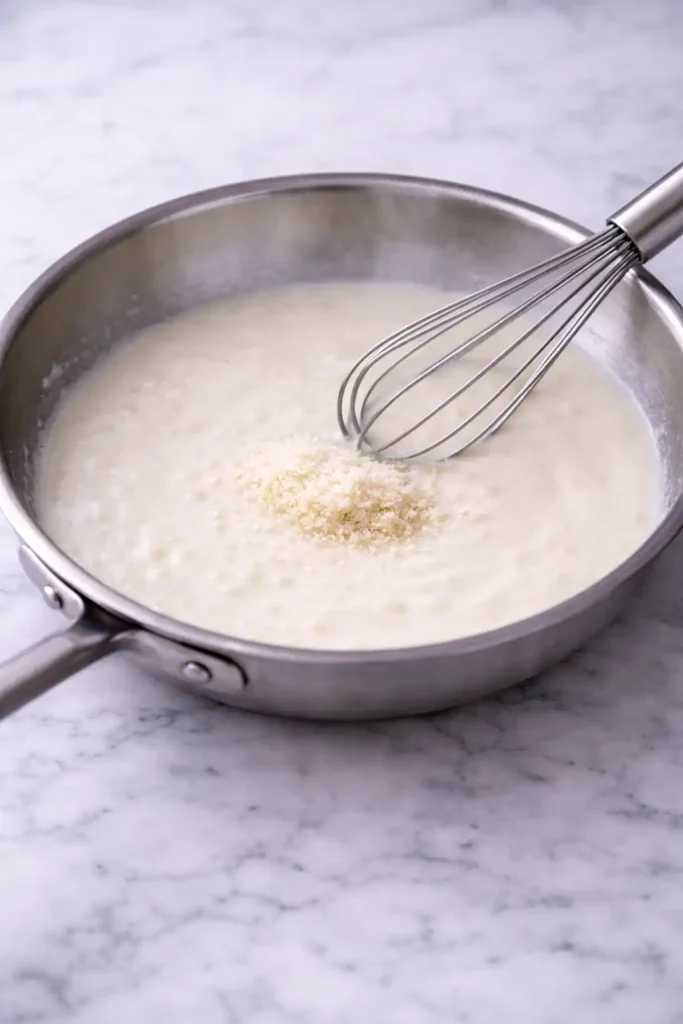 garlic cream sauce step 5 Parmesan added gradually and whisked smooth