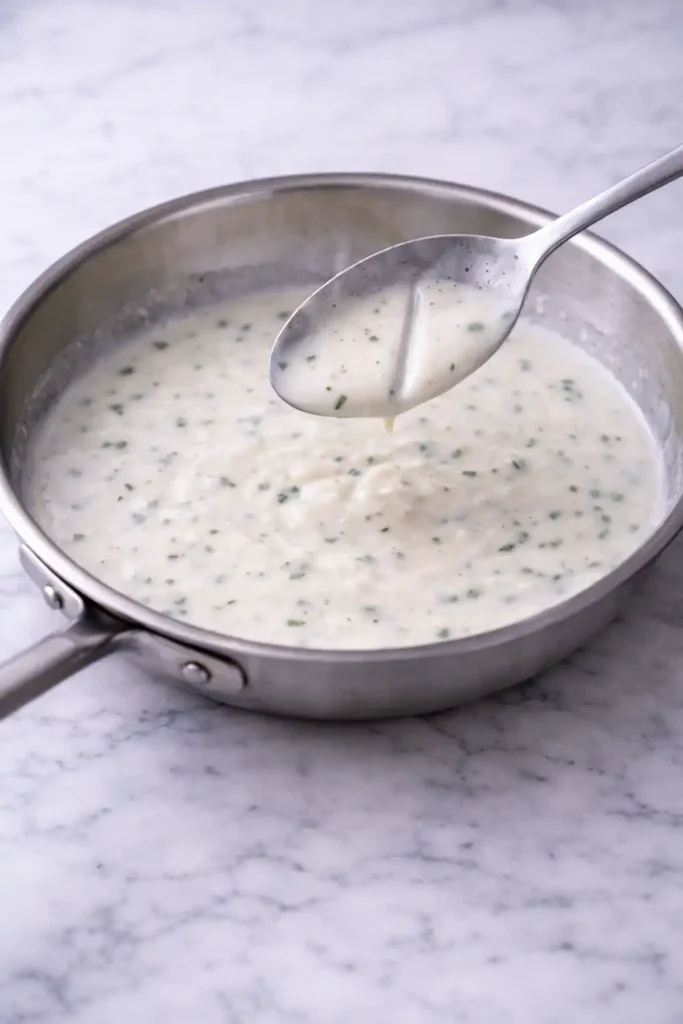 garlic cream sauce step 6 seasoned with salt pepper and parsley until it coats a spoon