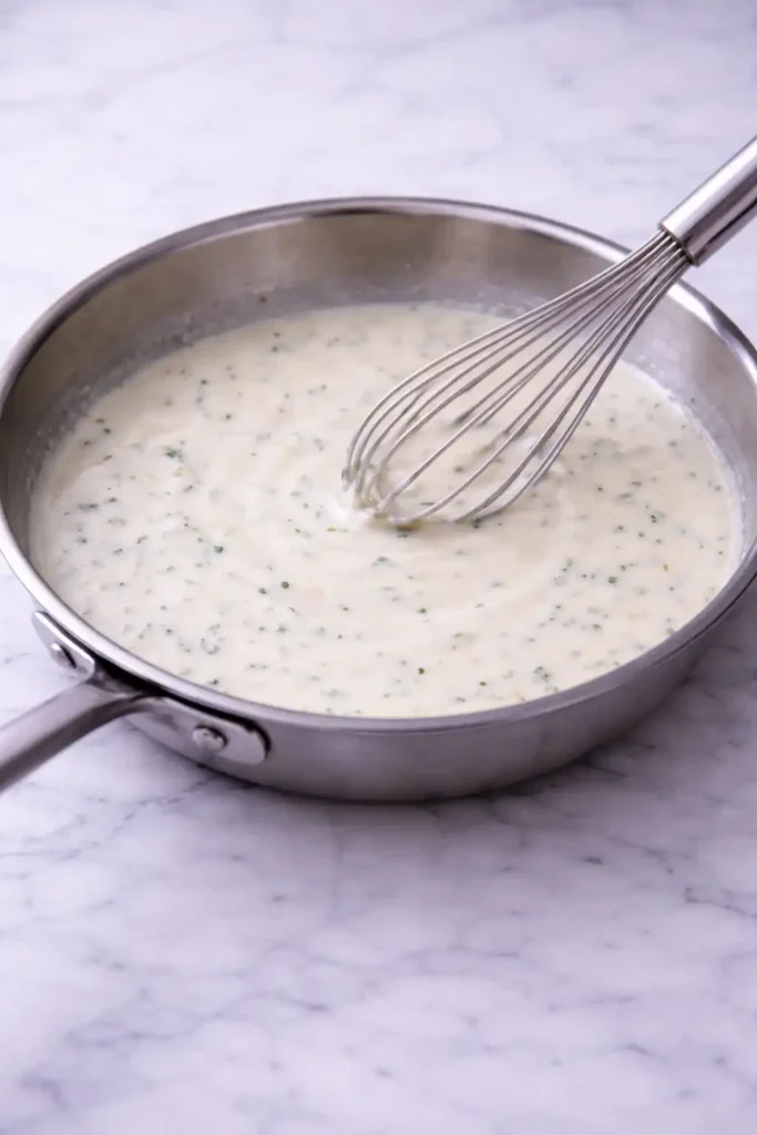 garlic cream sauce step 7 texture adjusted with broth until glossy and flowing