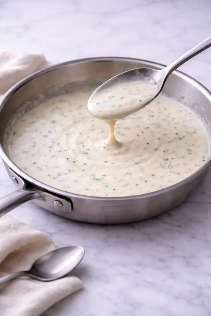 garlic cream sauce step 8 served warm glossy and ready to spoon over steak or pasta