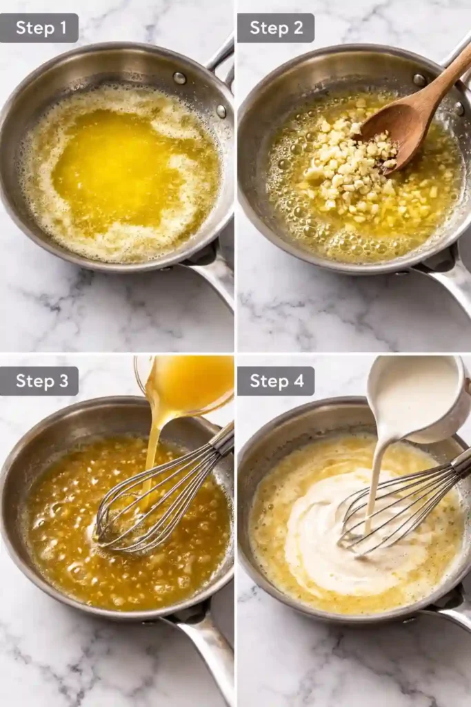 Garlic cream sauce steps 1 to 4 showing butter melting, garlic cooking, broth simmering, and cream added