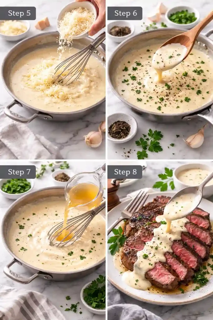 Garlic cream sauce steps 5 to 8 showing Parmesan added, sauce thickened, texture adjusted, and sauce served