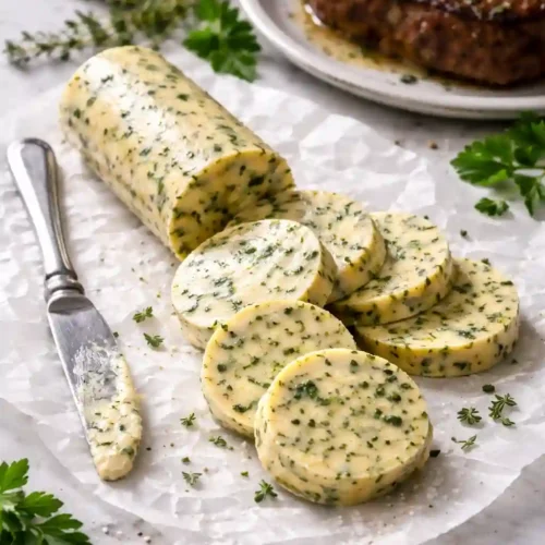 garlic herb butter sliced into neat rounds with parsley, thyme, and chives on parchment beside steak
