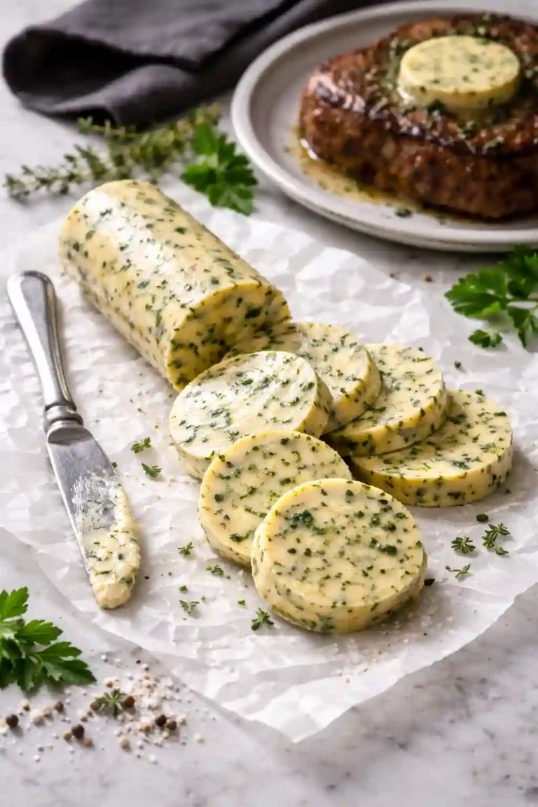 garlic herb butter sliced into neat rounds with parsley, thyme, and chives on parchment beside steak