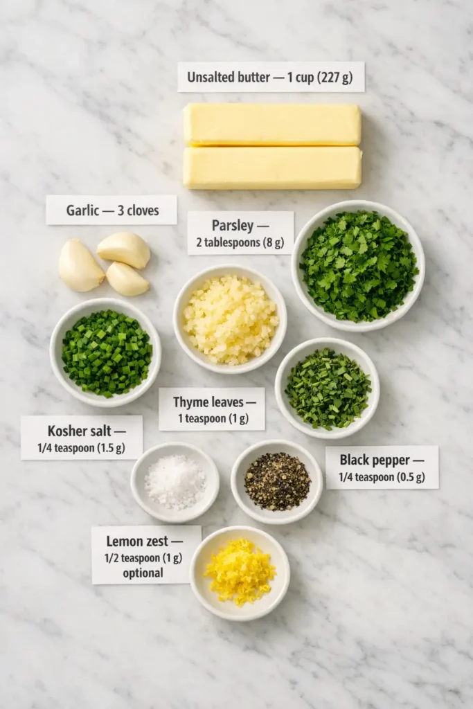 garlic herb butter ingredients laid out with labeled butter garlic parsley thyme chives salt pepper and lemon zest