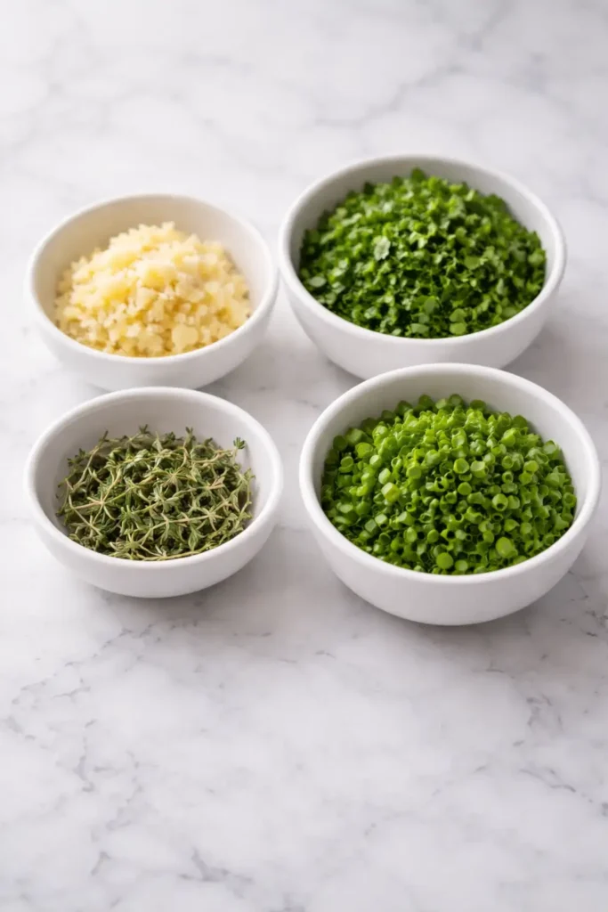 garlic herb butter step 2 grated garlic chopped parsley thyme and chives prepared on marble