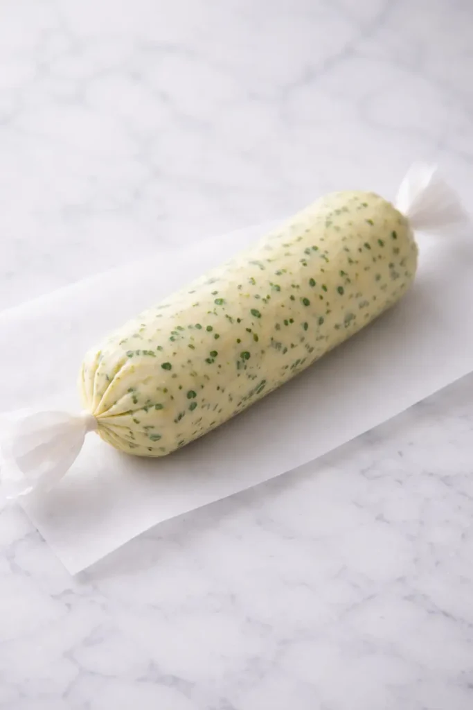 garlic herb butter step 4 rolled into a compact parchment log with twisted ends