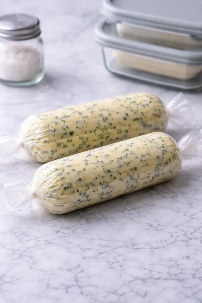 garlic herb butter wrapped tightly for refrigerator or freezer storage