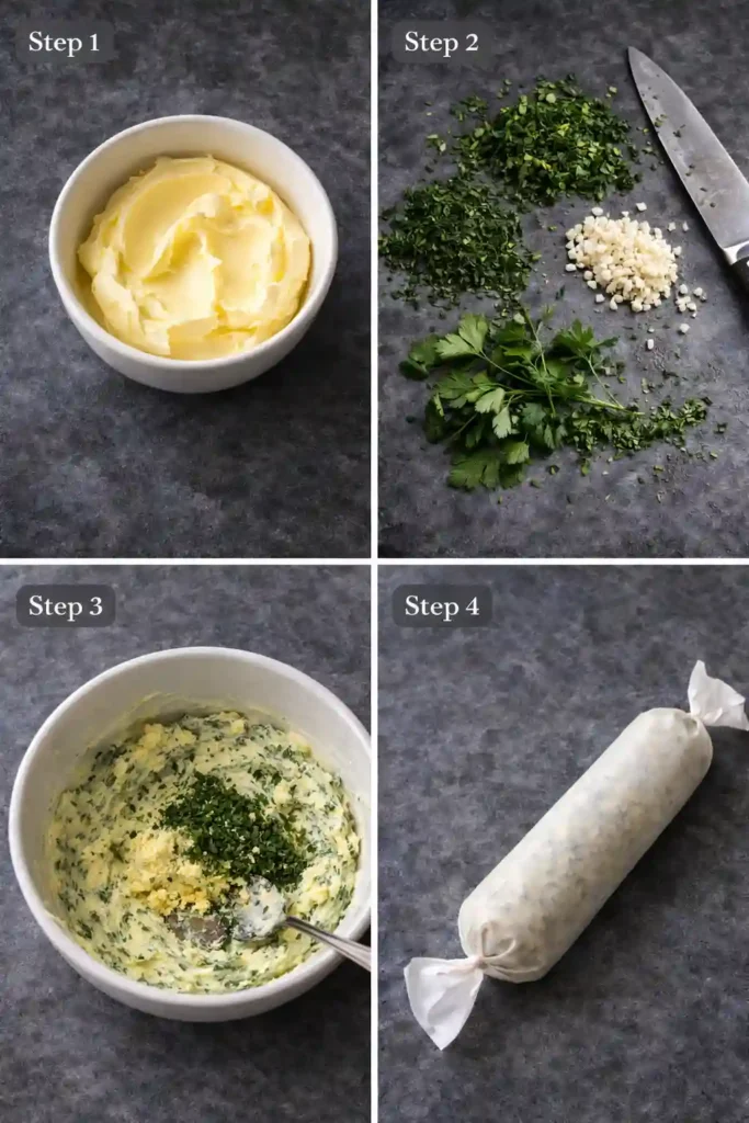 garlic herb butter steps 1 to 4 softening butter, chopping herbs, mixing garlic butter, and shaping the log
