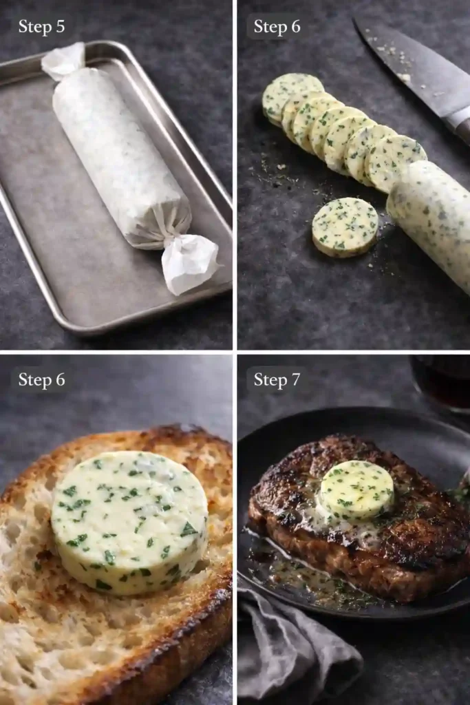 garlic herb butter steps 5 to 7 chilling the butter, slicing neat rounds, and melting over hot steak