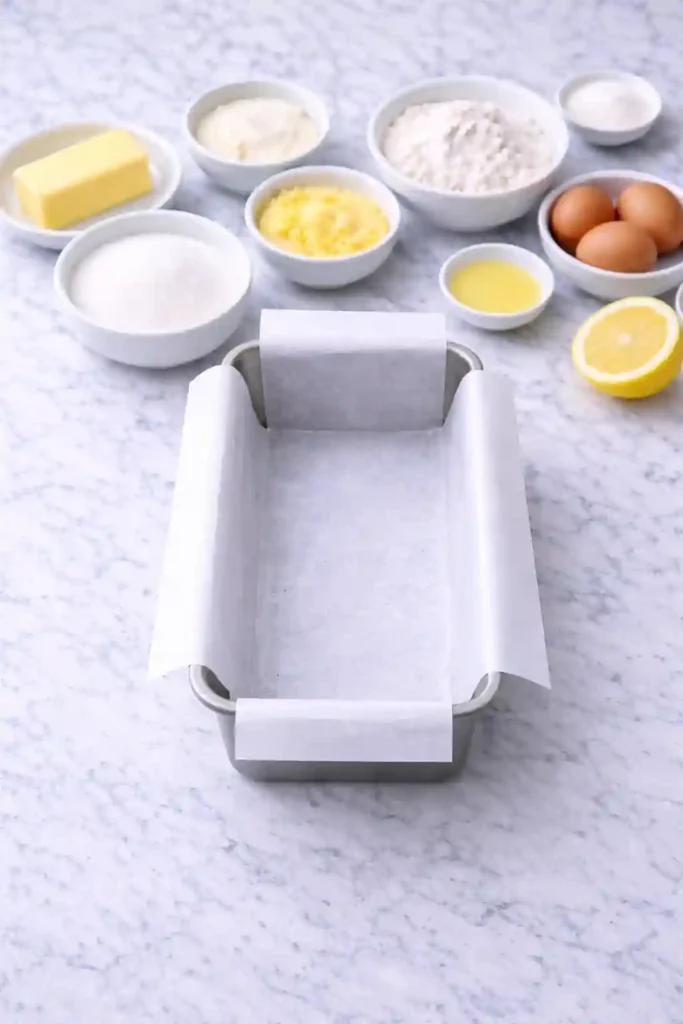 Greased and parchment-lined loaf pan for lemon pound cake