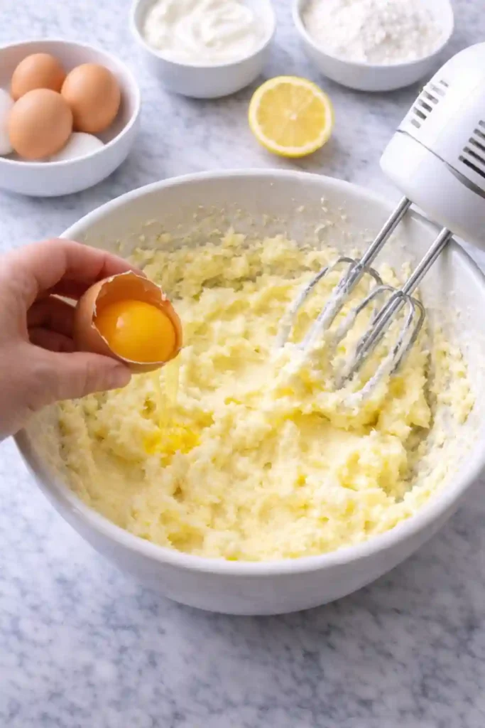 Butter and lemon sugar being beaten with eggs for cake batter