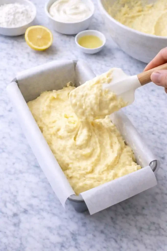 Sour cream and lemon batter being mixed and spread in loaf pan