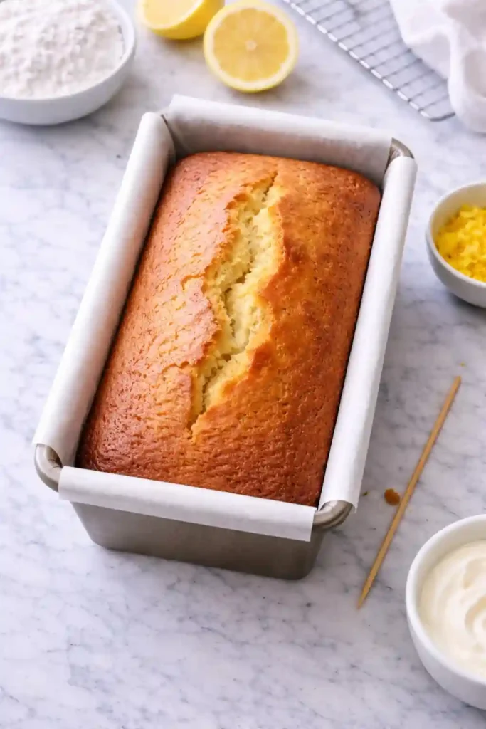 Baked lemon pound cake with golden top in loaf pan