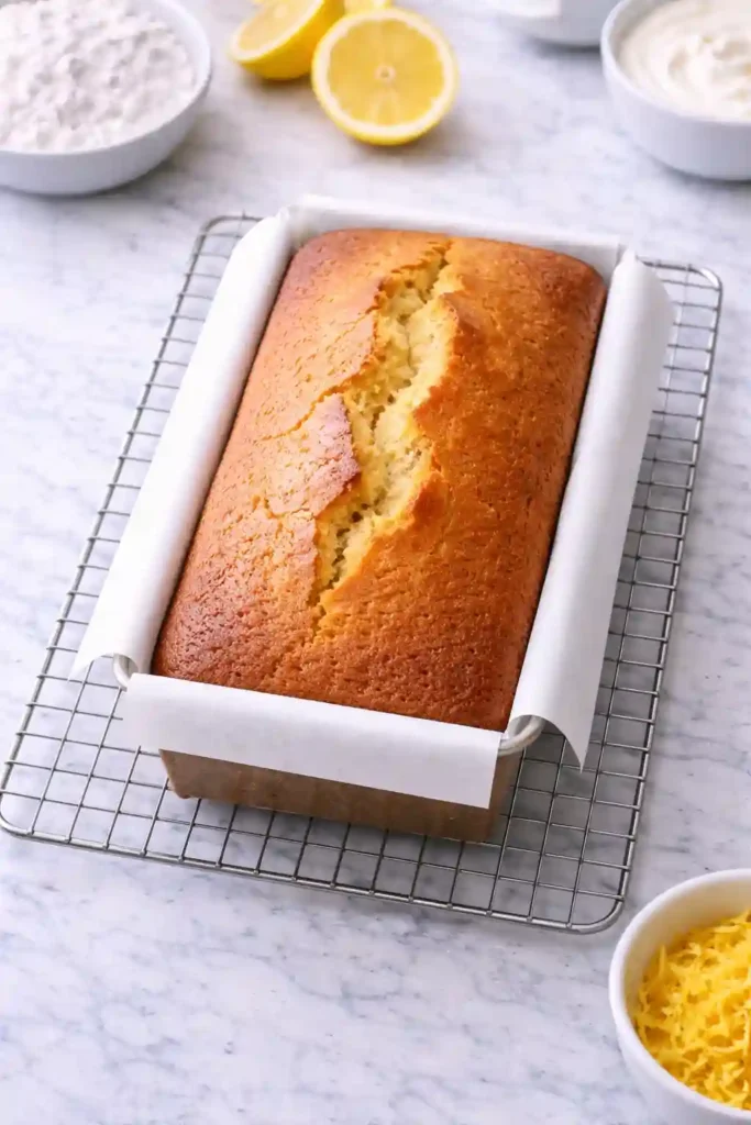 Lemon pound cake cooling on wire rack after lifting from pan