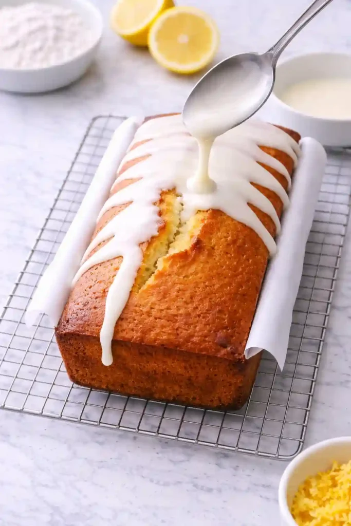 Thick lemon glaze being spooned over cooled lemon pound cake