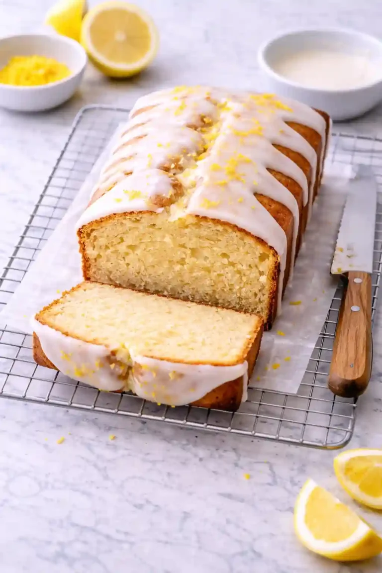 Sliced lemon pound cake with set glaze and buttery crumb