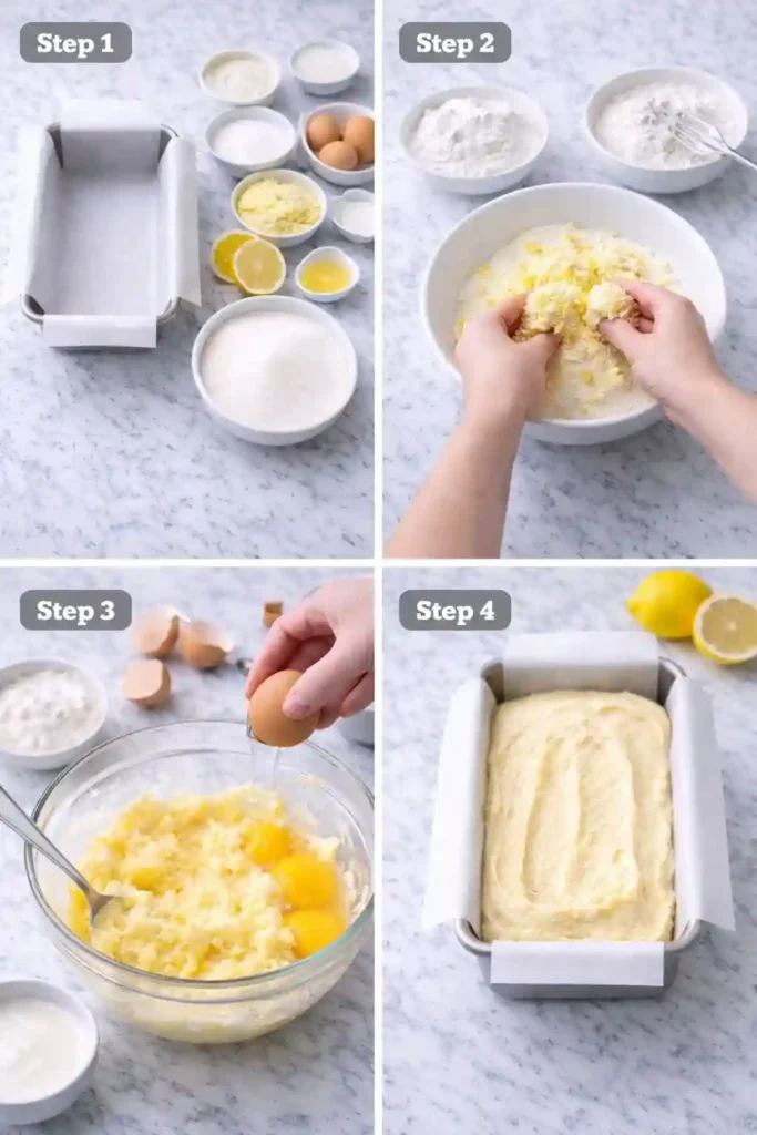 Lemon pound cake steps 5 to 8 showing baked loaf, cooling, glazing, and slicing Caption: The second half: bake, cool, glaze, and slice