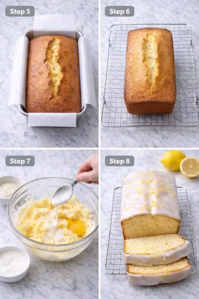 Lemon pound cake steps 1 to 4 showing prep, mixing, and batter in pan