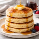 Super fluffy pancake recipe stacked with butter and maple syrup on a white plate
