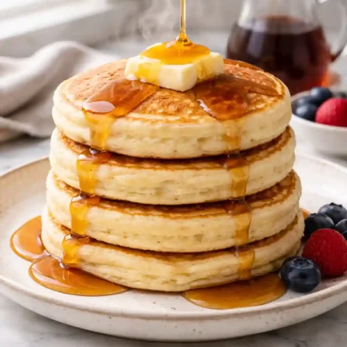 Super fluffy pancake recipe stacked with butter and maple syrup on a white plate