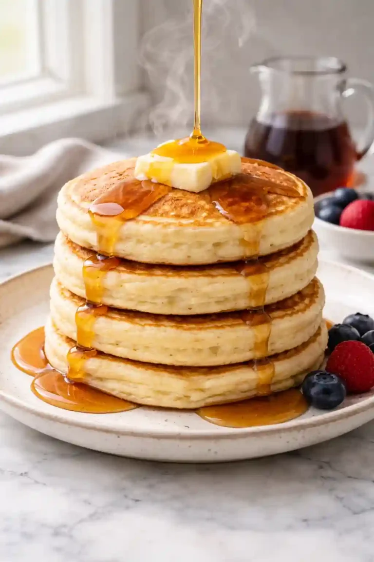 Super fluffy pancake recipe stacked with butter and maple syrup on a white plate