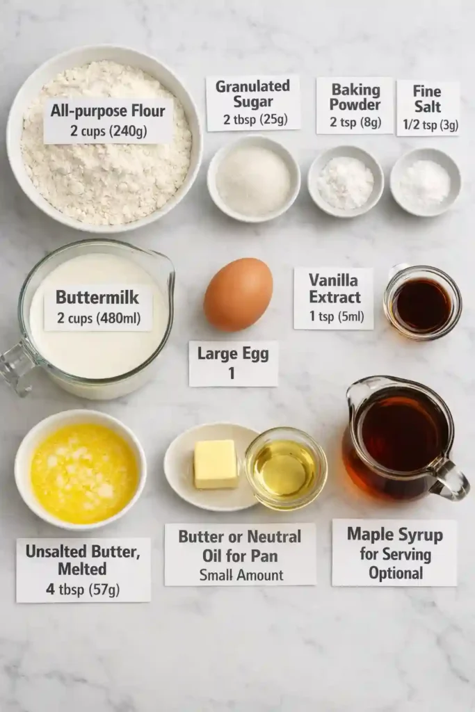 Ingredients for super fluffy pancake recipe labeled on a white marble flat lay