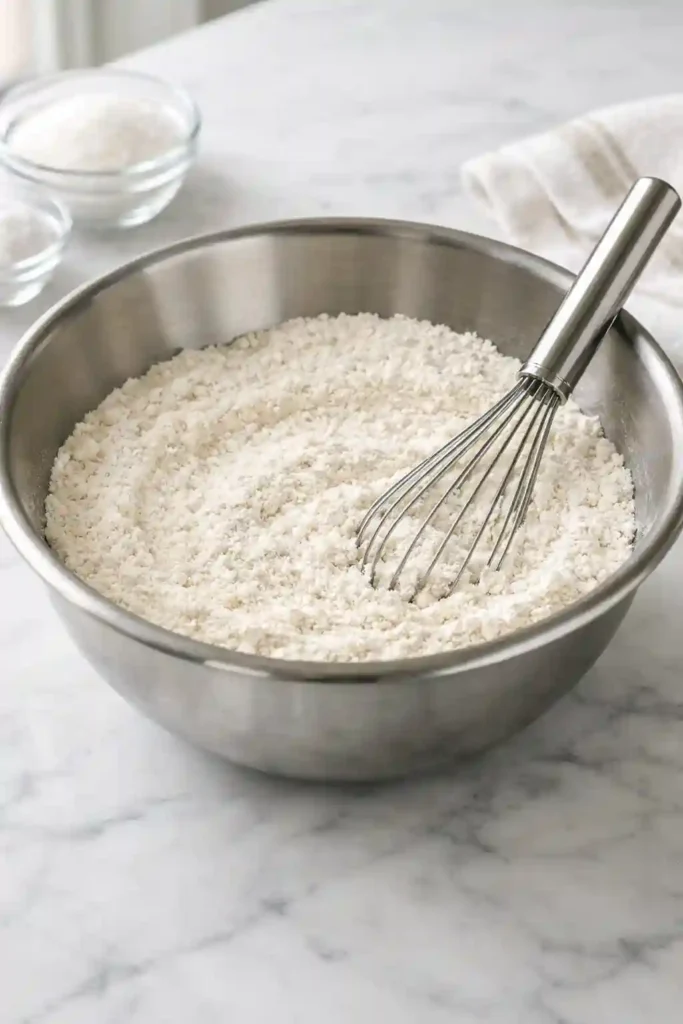 Whisking dry ingredients for super fluffy pancakes in a large bowl
