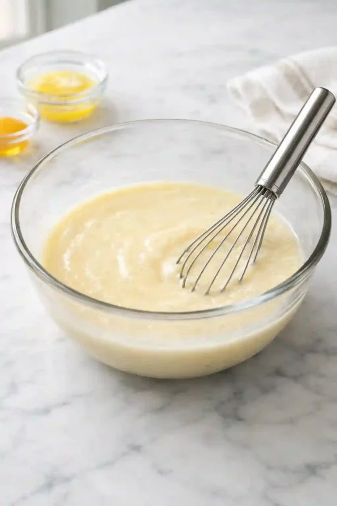 Whisking buttermilk egg vanilla and melted butter for pancake batter