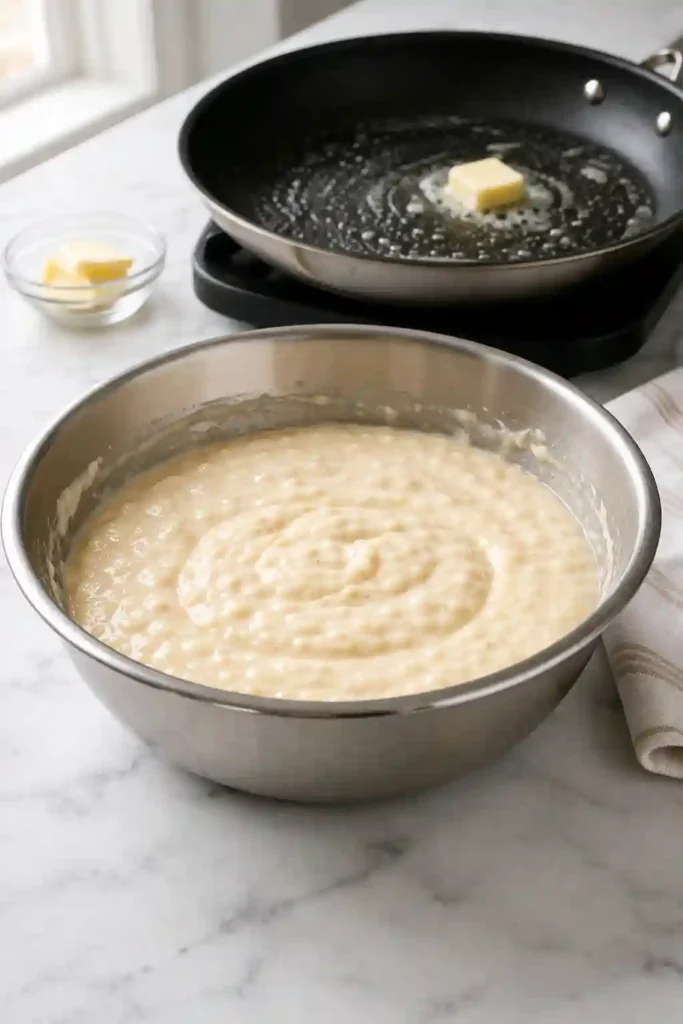 Resting pancake batter beside a preheating buttered skillet