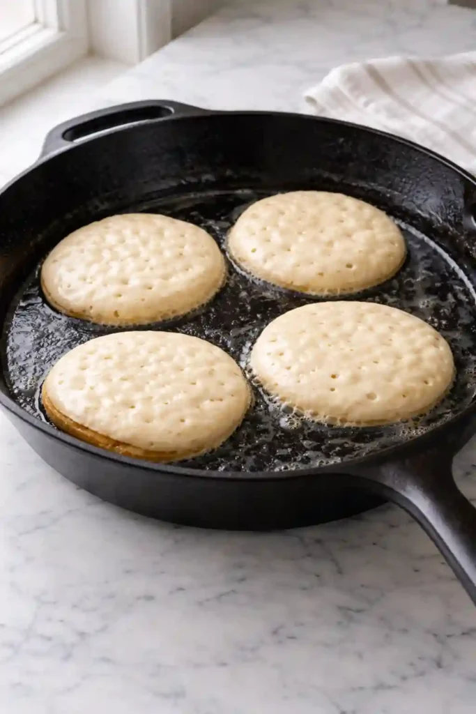 Thick pancake batter cooking on a skillet with bubbles forming on top