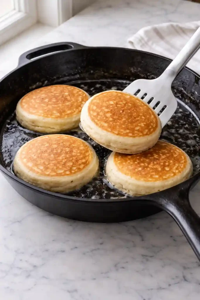 Flipping fluffy pancakes on a skillet until softly golden
