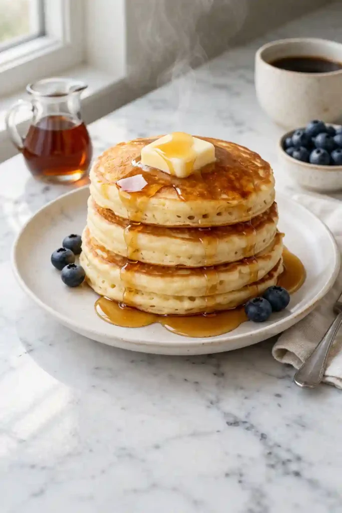 Stacked super fluffy pancakes with butter and maple syrup ready to serve