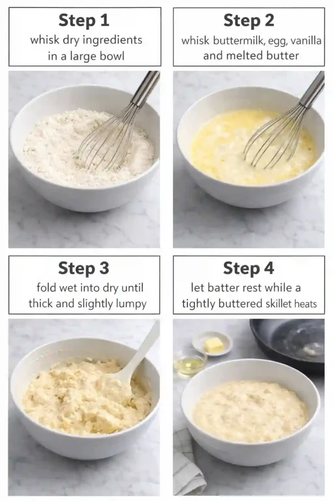 Super fluffy pancake recipe steps 1 to 4 mixing dry ingredients, whisking wet ingredients, folding batter, and resting