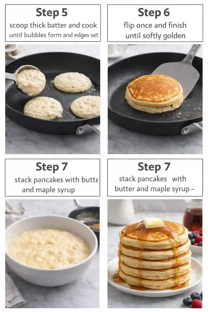Super fluffy pancake recipe steps 5 to 7 cooking, flipping, and serving a stacked pancake plate