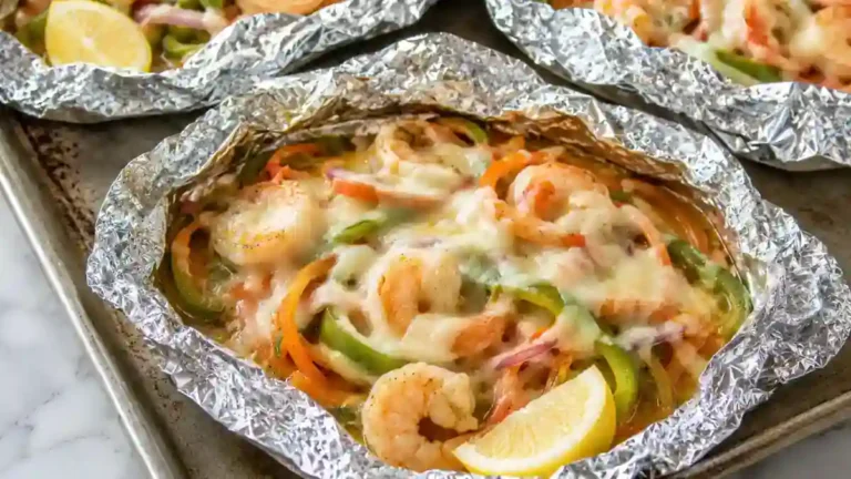 Cheesy garlic shrimp and vegetable foil packets with melted mozzarella