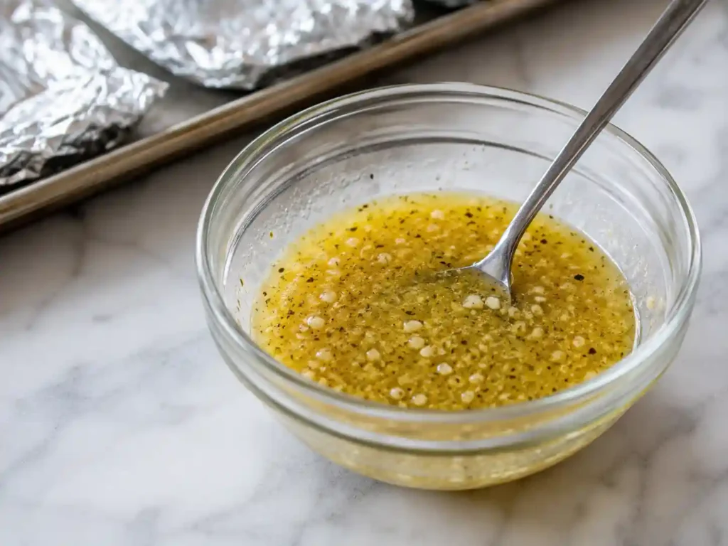 Garlic butter mixture for cheesy shrimp foil packets in a glass bowl