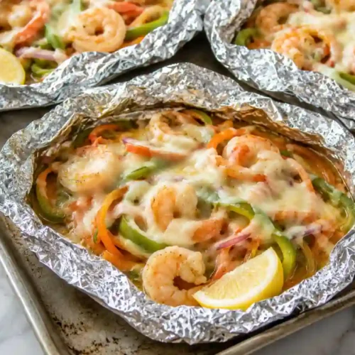 Cheesy garlic shrimp foil packets with vegetables and melted mozzarella
