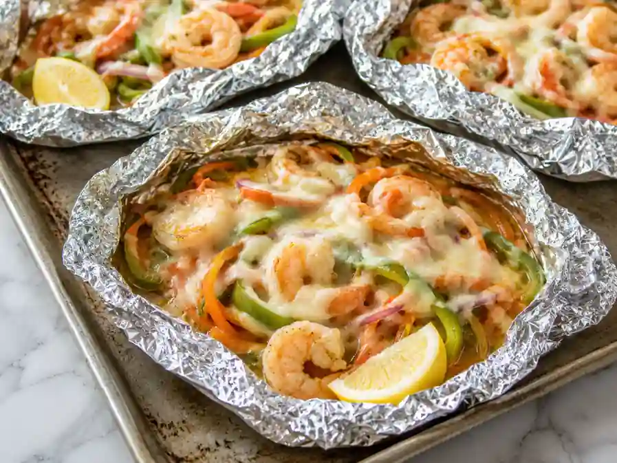 Melted mozzarella over cooked shrimp and vegetables in foil packets
