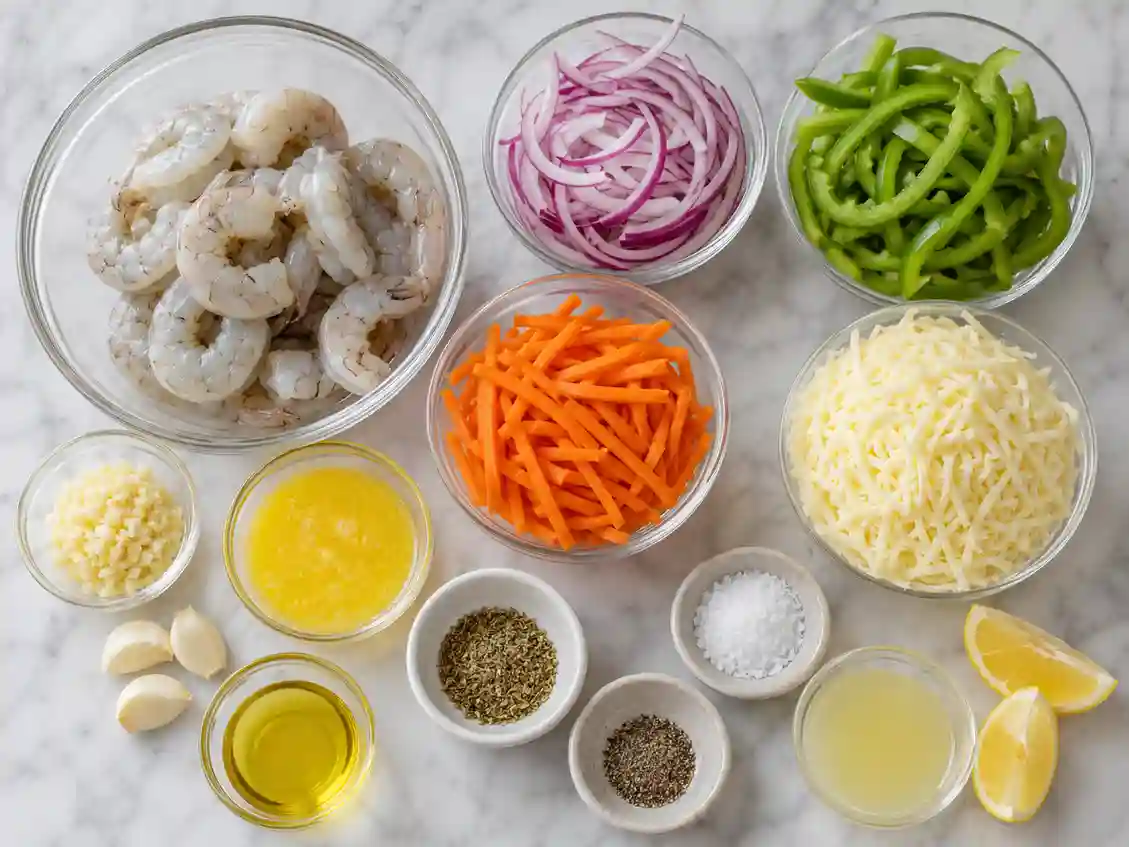 Ingredients for cheesy garlic shrimp foil packets arranged on a marble worktop