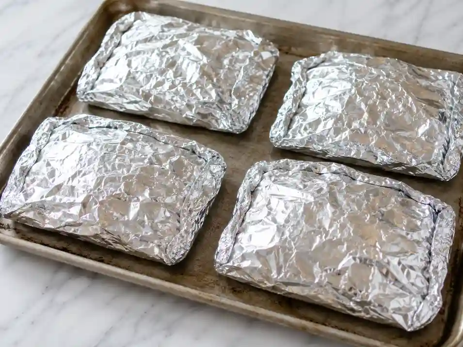 Four sealed shrimp foil packets on a rimmed baking sheet