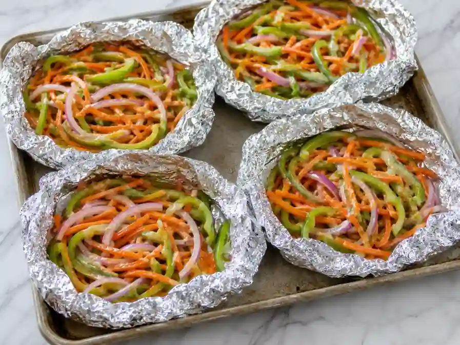 Sliced vegetables divided among four foil packets