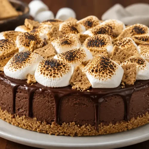S'mores cheesecake with chocolate ganache, toasted marshmallows, and graham cracker crust