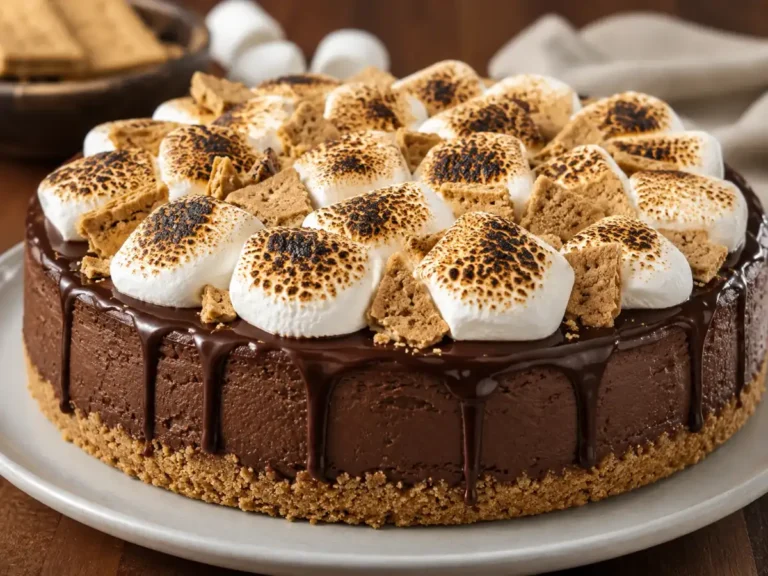 S'mores cheesecake with chocolate ganache, toasted marshmallows, and graham cracker crust