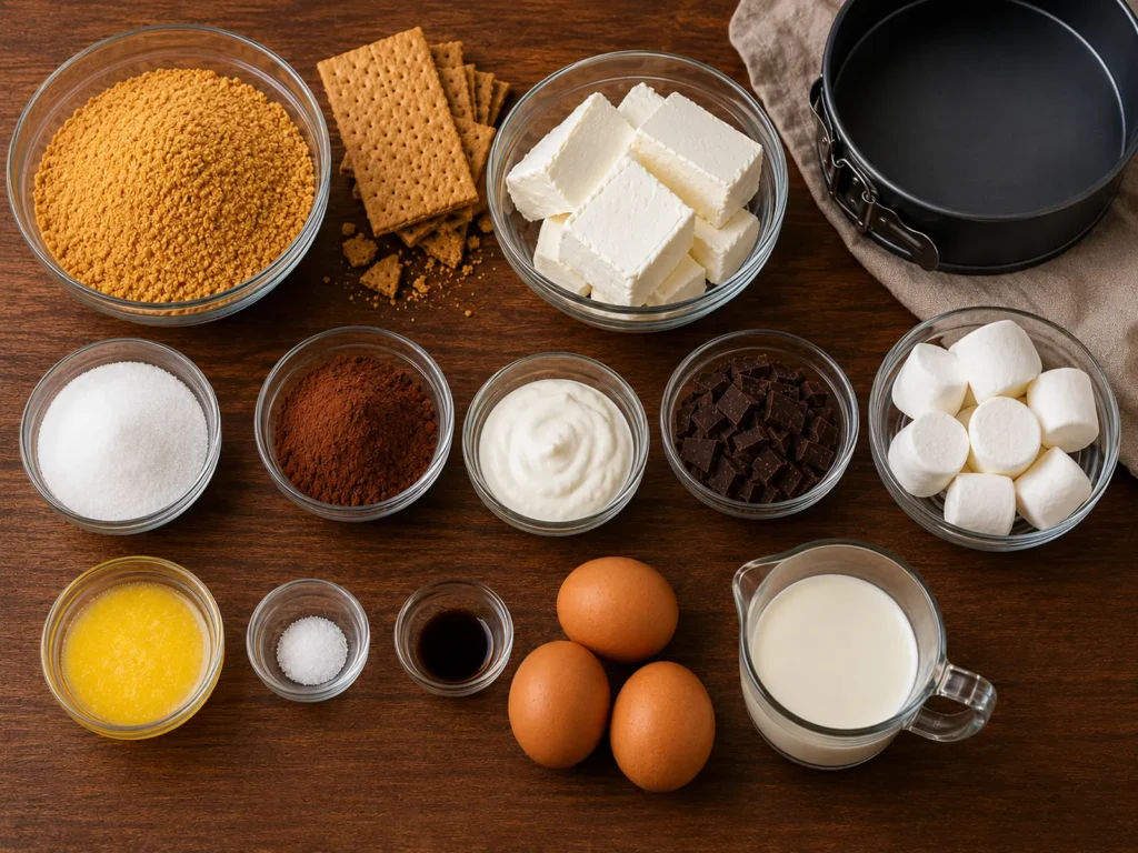 Ingredients for s’mores cheesecake arranged with graham crackers, cream cheese, chocolate, eggs, and marshmallows