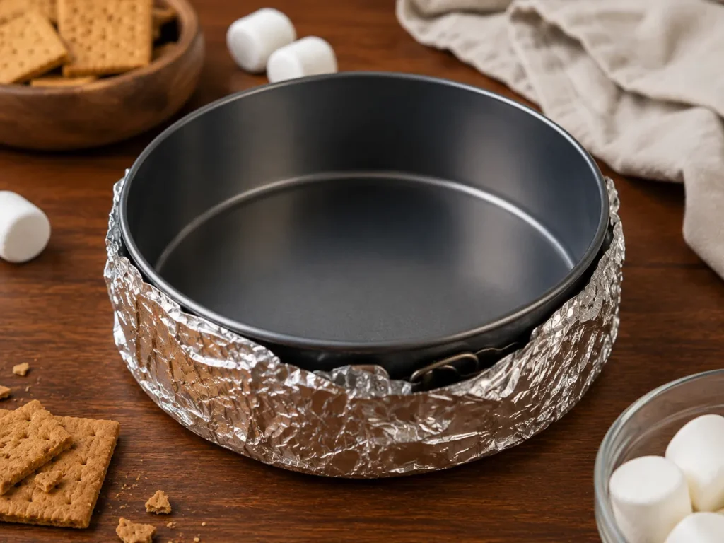 Empty springform pan wrapped securely with two layers of aluminum foil