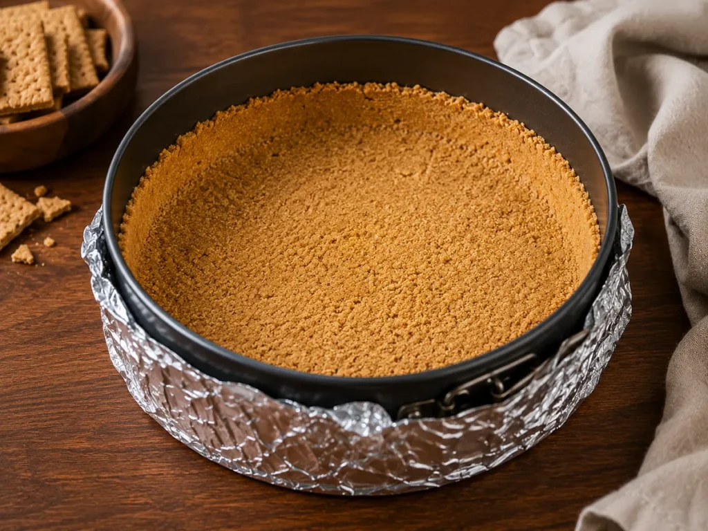 Graham cracker crust pressed evenly across the springform pan and up the sides