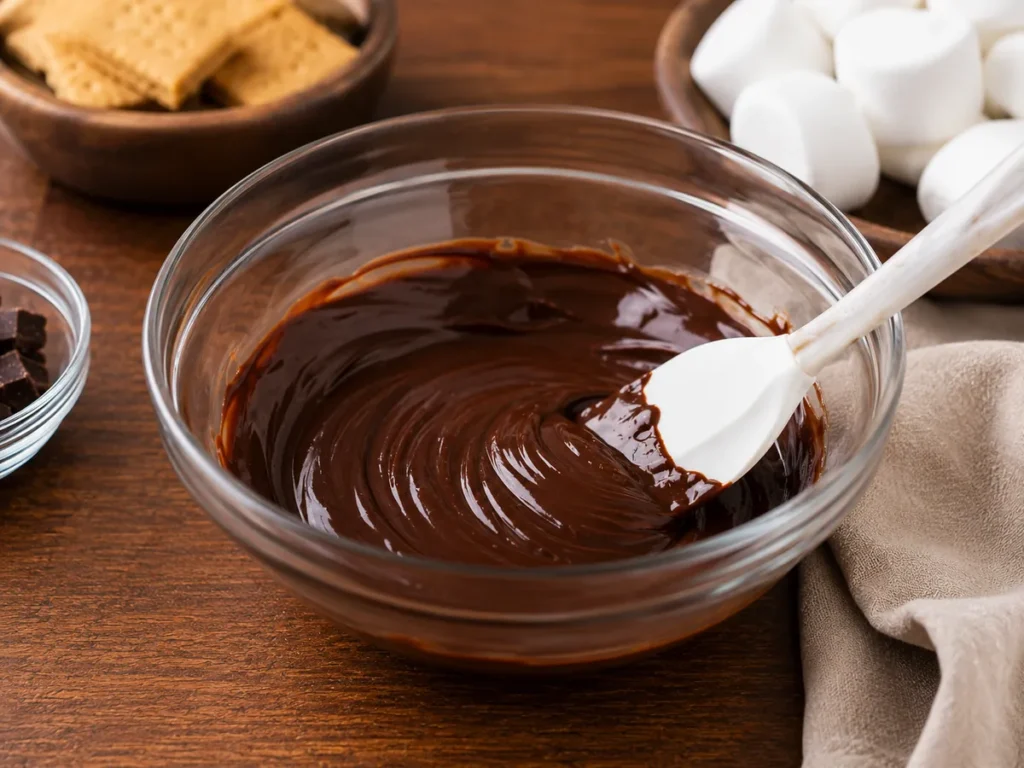 Smooth melted semisweet chocolate in a glass bowl with a silicone spatula